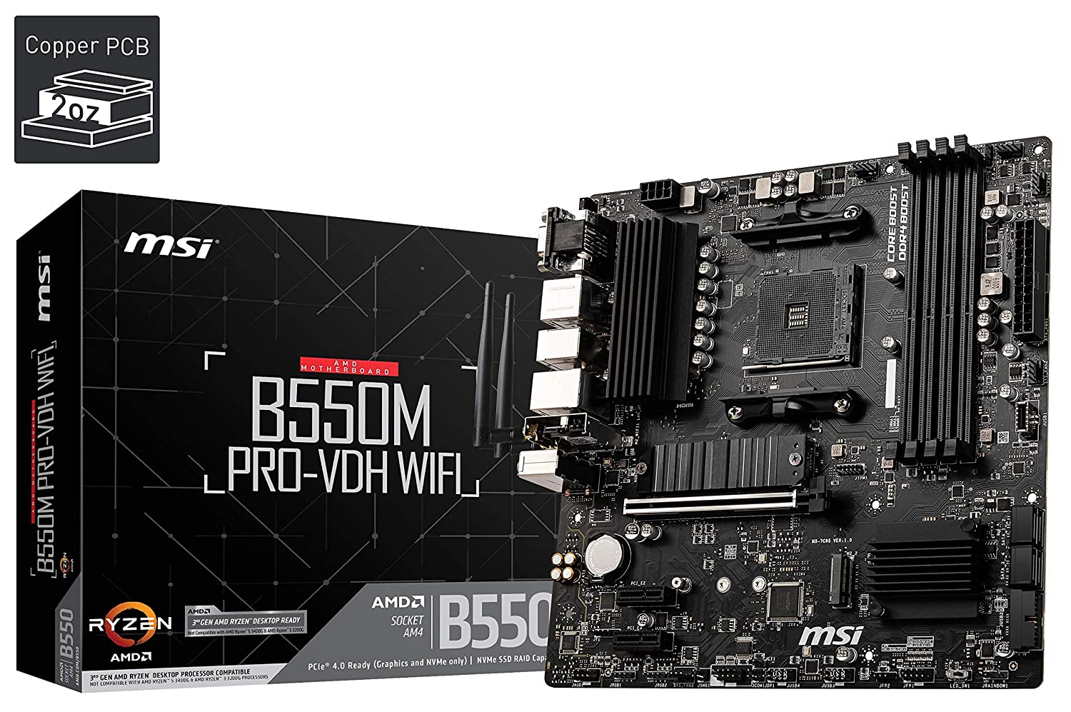 MSI B550M PRO-VDH WiFi DDR4, M.2, USB 3.2 Gen 1, Front Type-C, Wi-Fi, HDMI, Micro ATX Gaming Motherboard AMD Ryzen™ 5000 Series Desktop Processors
